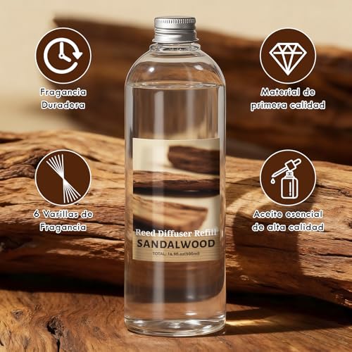 Scent-Hi Repuesto Difusor, Difusores Aromáticos, Sándalo Aceite Perfumado, 500ml 6 Palos Difusores Difusor Perfumado, Ambientador para Dormitorio, Baño Oficina Decoración de Hogar - imagen 5
