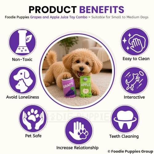 Image of Foodie Puppies Natural Latex Squeaky Play Drink Chew Toy Combo of 2 (Grapes and Apple Juice Toy) for Small to Medium Dogs | Durable, Interactive, Fetch & Chew Safe Play Toy