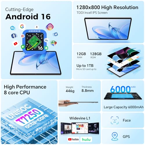 Image of TECLAST Android 16 Tablet 10 inch, Tablet with Keyboard+Case+Mouse+Stylus 10 Accessories Set, 12GB RAM+128GB ROM (1TB TF), T7250(T610) Octa-core CPU, 5G Wi-Fi /Widevine L1 /GPS /6000mAh /BT5 /GMS /OTG, 2026