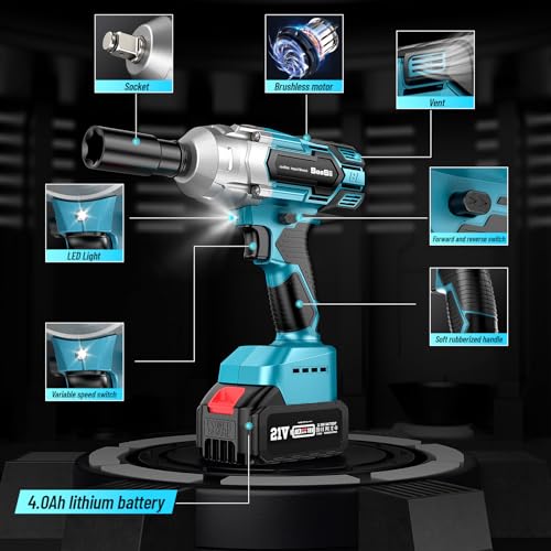 Seesii SE05 Cordless Impact Wrench, Brushless Impact Wrench 1/2 Inch Max Torque 479 Ft-Lbs(650Nm), 3300Rpm W/ 2X 4.0 Battery, 6 Sockets,9 Drill,6 Screws thumb #8