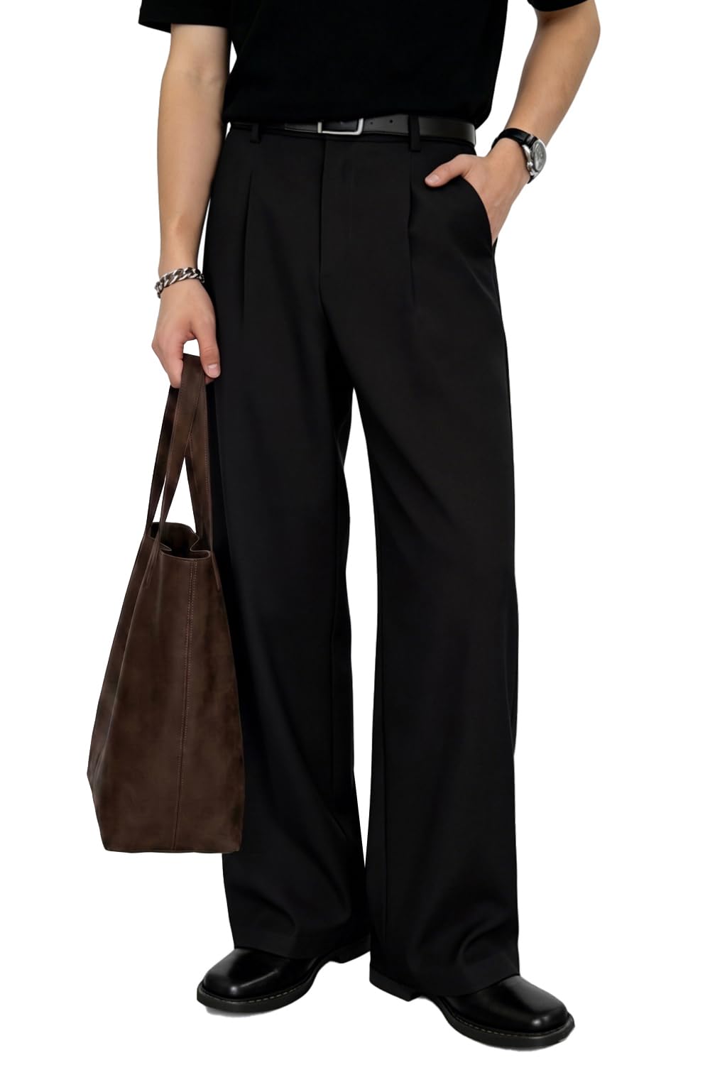 Heyfanee Baggy Dress Pants Men Pleated Wide Leg Trousers