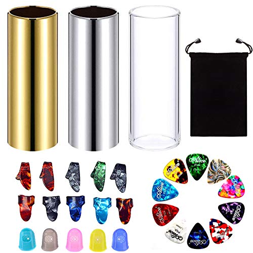 HOSTK 17 stuks Medium Guitar Slide Glas Messing Staal Plastic xylonite Duim Vinger Picks Clear Gitaar Vinger Beschermers Een Flanellette Tas