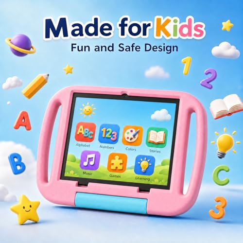 Image of 10 inch Kids Tablet, Android 15 Tablet for Kid, 12GB RAM, 64GB ROM 1TF Card Expandable for Toddler Children,Tablets with Case, Parental Control, 6000mAh, WiFi, BT5.0, Dual Camera (Pink)