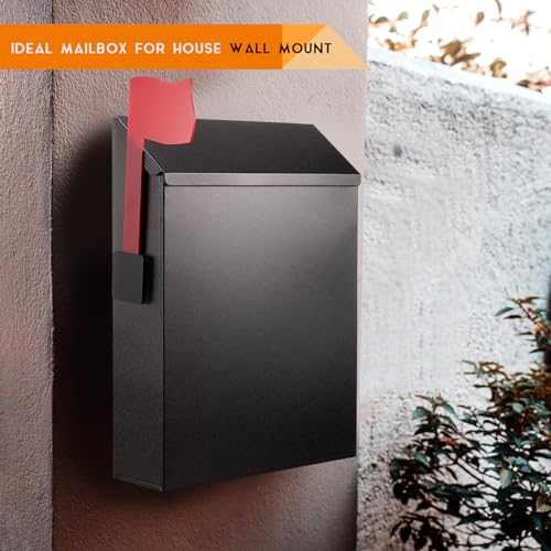 Image of Tandefio 2 Pcs Wall Mount Mailbox with Red Mailbox Flag Reflective Sticker Keys Outdoor Steel Rustproof Lock Post Boxes Outdoor, 11.4 x 8.7 x 2.6 Inches, Black