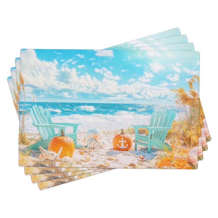Coastal Autumn Beach Placemats Set of 4, Orange Pumpkin Seaside Place mats for Dining Table, Non-Slip Washable Indoor Outdoor Party Decorative Placemats 18x12 Inch