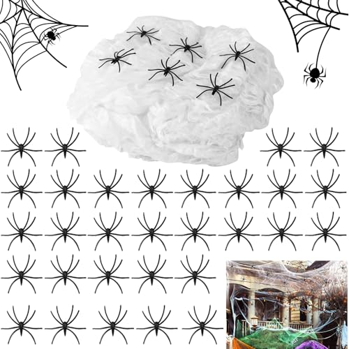 Ragnatela Bianca di Halloween 300g Spider Web + 60 Nero Finti Ragni Ragnatela Halloween Decorazione Ragnatele Finte Stretch Estensibili Bianca per Interni ed esterni Giardino Decorazione Horror