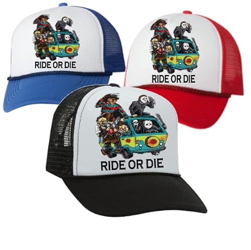 Ride or die halloween trucker hat Jason Michael myers scream freddie chucky cap gift (Black/White)