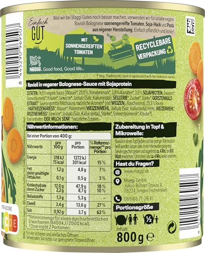 MAGGI Veg Ravioli Bolognese mit Soja-Hack: Teigtaschen in pflanzlicher Bolognese, ohne Fleisch (vegan), leckeres Camping Essen, 6er Pack (6 x 800g) – Bild 3