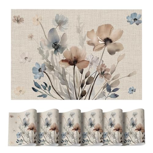 Artoid Mode Brown Poppy Floral Vinyl Spring Placemats Set of 6, Wipeable Plastic Woven PVC Table Mats for Party Kitchen Dining Decor, 12x18 Inch by Artoid Mode - Used condition - US$13.24
