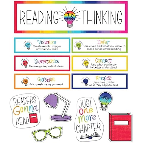 Schoolgirl Style Light Bulb Reading is Thinking Mini Bulletin Board Set, Reading Strategies, Light Bulb, Book, and Reading Light Book Decor for Bulletin Board Decorations and Classroom Decor (31 pc) Cover