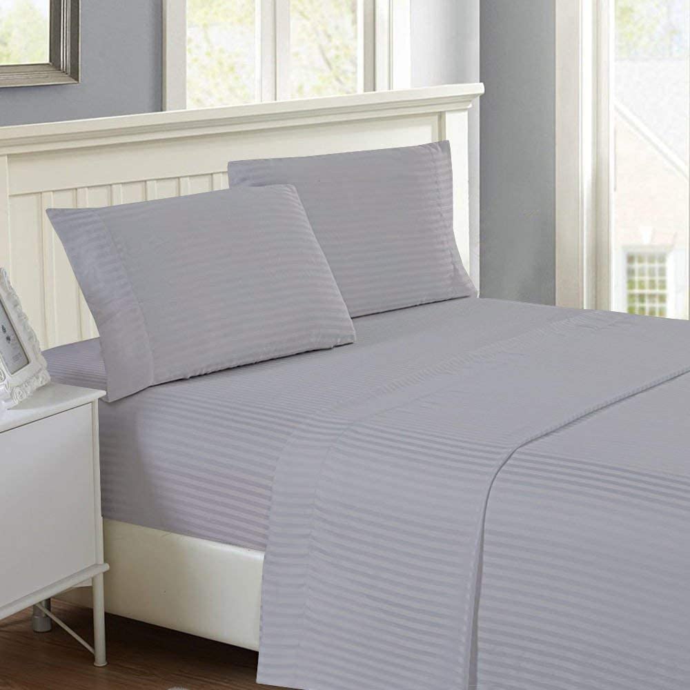 LUXURIOUS BEDDING 800-Thread-Count Egyptian Cotton Wrinkle Resistant 25" Deep Pocket 4 PC Sheet Set (1 Fitted + 1 Flat + 2 Pillow Cases) Double Size Silver Grey Striped