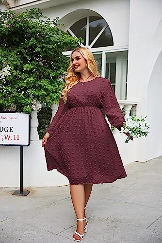 IN'VOLAND Women's Plus Size Swiss Dot Long Sleeve Chiffon Dress Flowy High Waist A Line Ruffle Babydoll Midi Dresses 16W-24W3