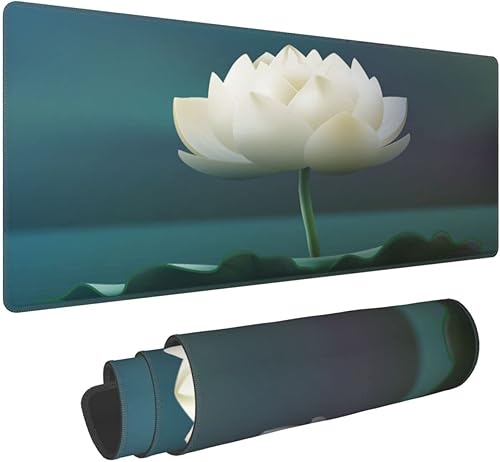 Alfombrilla de mouse grande XXL, alfombrilla de mouse para juegos de flor de loto blanco, alfombrilla de escritorio grande con bordes cosidos,