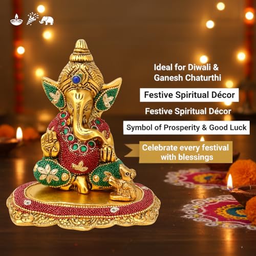 Image of Kalakriti Metal Ganpati Idol with Mouse, 6 Inch Gold Finish Lord Ganesha Statue for Home Decor |Temple Office Hostel Desk, Hindu God Ganesh Vinayaka Decorative Showpiece for Living Room, Chua Ganesh