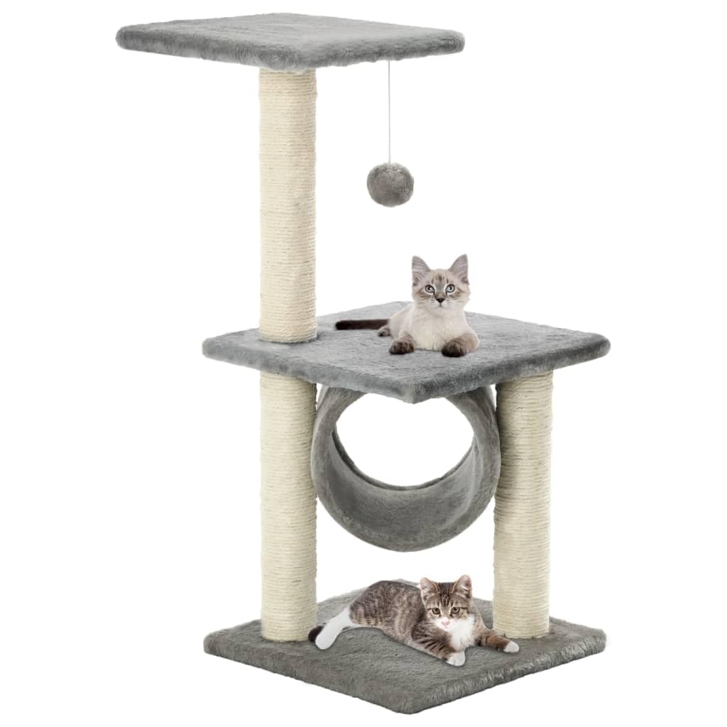 Rascador para gatos de sisal, 65 cm, gris, con cueva, hamaca, plataforma y pelota de juego, muebles rascadores con columna rascadora para gatitos y viviendas, árbol de escalada estable para