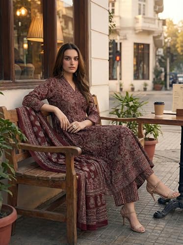 Image of ANNI Designer Women Printed Anarkali Kurta Palazzo Dupatta Set | Viscose Blend Ethnic Outfit | Flared Kurti with Bottom Wear