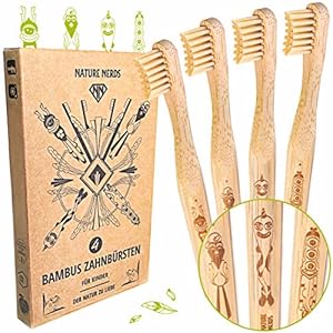 Nature Nerds – kleine bamboe tandenborstels voor kinderen in een set (pak van 4) / hardheidsgraad: zacht