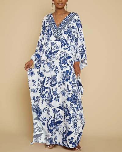 Image of Bsubseach Women Floral Print Kaftan Dresses Plus Size Bathing Suit Cover Up Moo Moos Caftan Beach Dress for Swimwear Summer