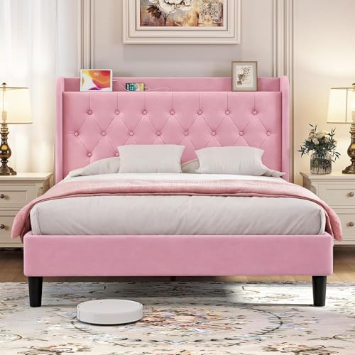 Image of koorlian Queen Bed Frame with Headboard, Adjustable Upholstered Platform Bed Frame with Type-C&USB Ports, Wingback Storage Headboard, Solid Wood Slats Support, No Box Spring Needed, Pink