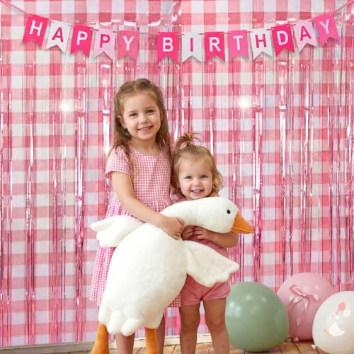 Image of WovWeave 2 Pcs Pink Gingham Party Decorations 3.3 x 6.6 ft Pink and White Checkered Foil Fringe Curtains Backdrop Tinsel Streamers for Wedding Birthday Baby Shower Party Decor Supplies