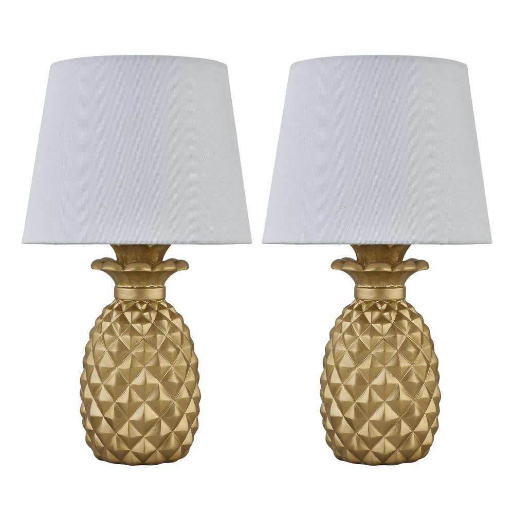 firstchoicelighting Set of 2 Gold Pineapple Table Lamps or Bedside Lights with White Fabric Shades, Resin Base, Height 40cm, LED Compatible