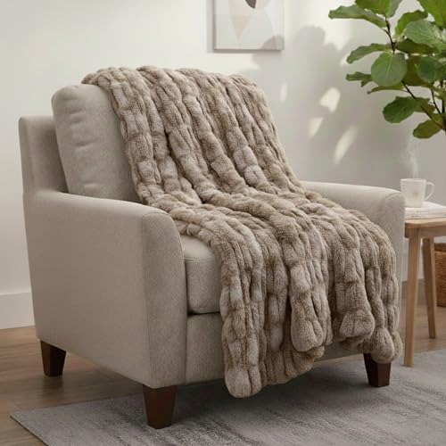 Image of Lavish Home Oversized Ruched Faux Fur Blanket - 60x80-Inch Plush Polyester Faux Fur Queen-Size Throw for Sofas and Beds - Luxurious Bedding (Taupe)