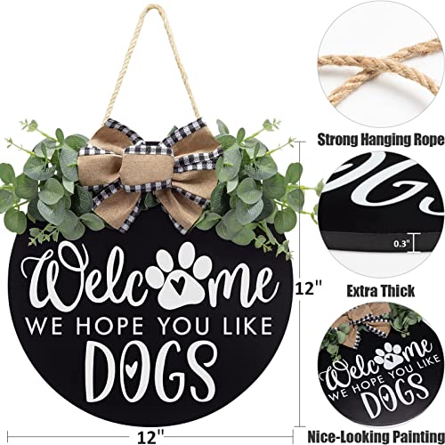 Welcome We Hope You Like Dogs Farmhouse Door Sign For Front Door Porch Decor With Eucalyptus Leaves & Buffalo Bow - Welcome Wreath Sign Hanging For Dogs Lovers Christmas Decoration Housewarming Gift #TOP4
