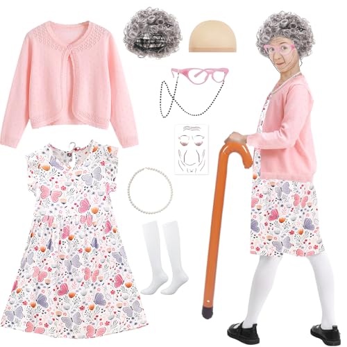 10 Stück Oma Kostüm für Kinder, Old Lady Kostüm Zubehör Set mit Jacke Kleid Perücke Brille Gehstock Falten-Tattoo Socken Halskette für Mädchen Karneval Halloween Welttag des Buches Party (140CM)