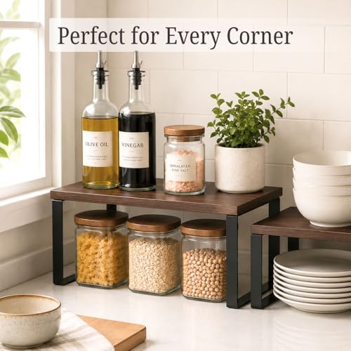 Image of Decorlay Metal & Wooden Cabinet Shelf Organizer Spice Rack Kitchen Counter Shelf, Pantry Organizer Storage Shelves, Stackable | Black-Brown