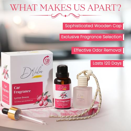 Image of D'Velas 40ml Car Freshener Diffuser Set- Long-Lasting Upto 120 Days | Lychee Breeze | No Paraben | 10ml Wooden Lid Bottle with 30ml Refill | Perfume Diffuser | Odor Eliminator for Car Interior