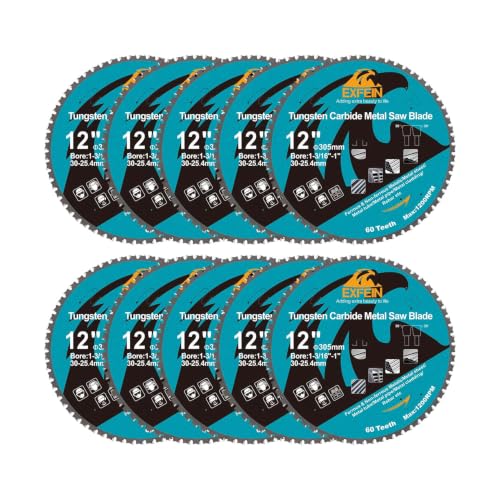 12 Inch 60T Metal Circular Saw Blade - 10-Pack EXFEIN Tungsten Carbide Tipped Saw Blade Arbor 1-3/16" for Metal Sheet or Pipe, Angle Iron, Rebar, Ferrous Metals, Non-Ferrous Metals