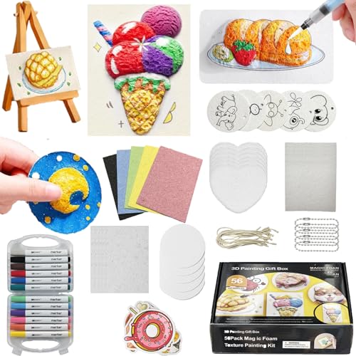 ZadaBelly 66 Pcs Magic Foam Texture Painting KitPuffy Magic Paint Set with 21Pcs Foam Texture Paper 12 Colorful Brush 2 Water Brushes3D Effect Art Craft Set Great Gifts for Birthday