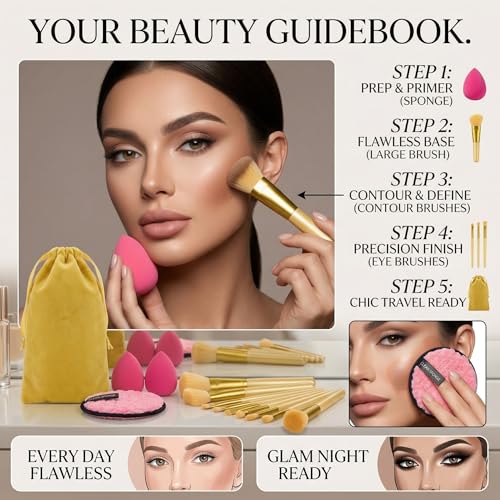 Image of 17Pc Makeup Kit Set - Premium 13-Piece Makeup Brush Set with 3 Makeup sponges & 1 Color-Removal Sponge - Soft Synthetic Bristles, Rose Gold & Cream Design with Velvet Travel Pouch - Complete Professional Beauty Tools (Clean sponge and makeup puffs , color may vary or multicolour) (Yellow)