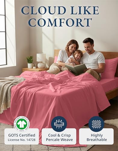 Image of LANE LINEN 100% Organic Cotton Eco Friendly Bed Sheets Extra Long Twin, Soft & Comfy Fully Elasticized Percale, Low Pilling Machine Washable Naturally Cool Twin XL Sheet- Mineral Red