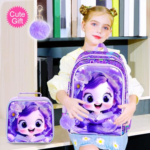 Image of AGSDON 3PCS Mermaid Backpack for Girls, 16 inch Kids Backpacks Water Resistant with Lunch Box, Bookbag for Elementary Preschool
