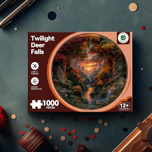 Puzzle redondo 3D de 1000 piezas para adultos, escena de naturaleza con ciervo, cascada y atardecer miniatura 5