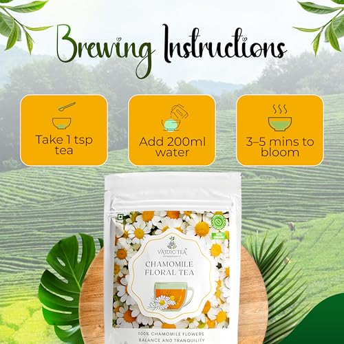 Image of VAIDIC TEA Chamomile Tea, 50g, Herbal Tea, Caffeine Free, Supports Calm Sleep & Relaxation, Flower Based, Non-Bitter, Zipper Pack