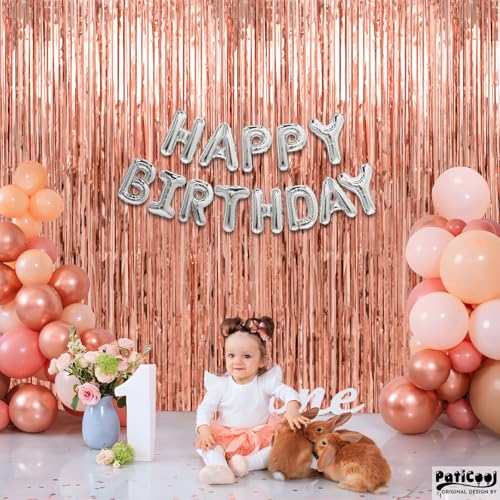 Image of Thicken Rose Gold Tinsel Backdrop 2 Pack 3.3 x 6.6 FT, Foil Fringe Curtains, Birthday Decorations for Women Girls, Bachelorette Bridal Shower Decorations