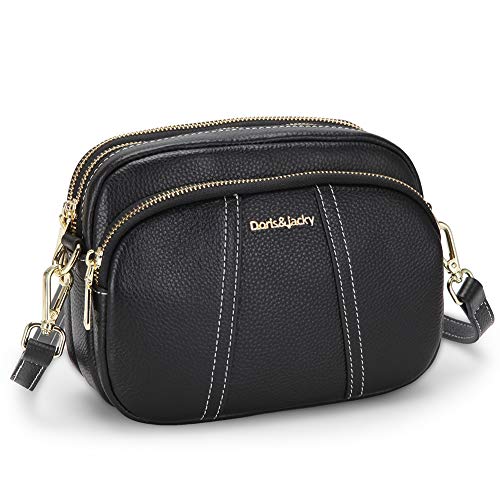 DORIS&JACKY Genuine Leather Crossbody Purse for Women Small Triple Zipper Shoulder Bag with Adjustable Strap
