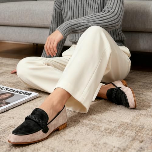 Image of MOOMMO Women Comfortable Suede Loafer Flats Round Closed Toe Slip On Penny Loafers Knitted Strap Oxford Loafer Shoes for Office Ladies Work Daily Casual Club Driver Flats Spring Elegant 4-11 M US