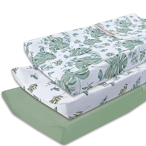 AMROSE 3 Pack Easy Care Changing Pad Covers, Ultra Soft Microfiber Diaper Change Table Sheets for Baby Boys and Girls, Leaf Collection