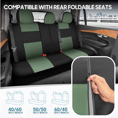 Image of BDK PolyPro Car Seat Covers Full Set in Green on Black, Front and Rear Split Bench Seat Covers for Cars, Car Seats Cover Set and Accessories for Auto Trucks Van SUV - Green