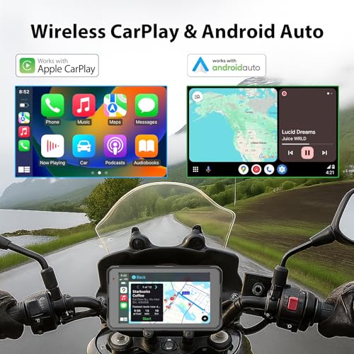 Image of Sunweyer 5 inch Portable Motorcycle Touchscreen with Wireless CarPlay & Android Auto, TPMS, Wireless GPS Navigation, Dual Bluetooth, IP68 Waterproof, Easy Installation (W16)