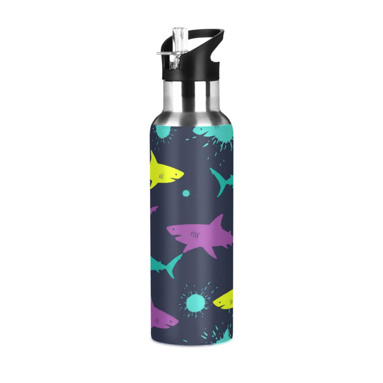 BOESI Neon Sharks Silhouettes Insulated Water Bottle 600ml, Stainless Steel Vacuum Sports Bottle with Straw, Leak Proof Thermal Bottle for Gym Travel Outdoor