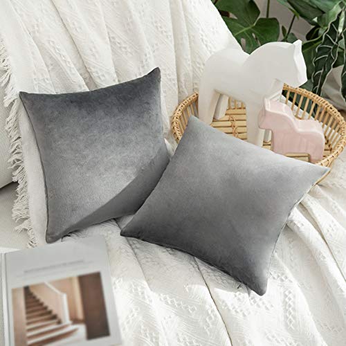 Image of MIULEE Pack of 2 Velvet Pillow Covers Decorative Square Pillowcase Soft Solid Cushion Case for Sofa Bedroom Car 12 x 12 Inch Dark Grey