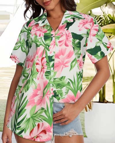 Image of Women Hawaiian Shirt Button Down Summer Tops Beach Short Sleeve Blouse