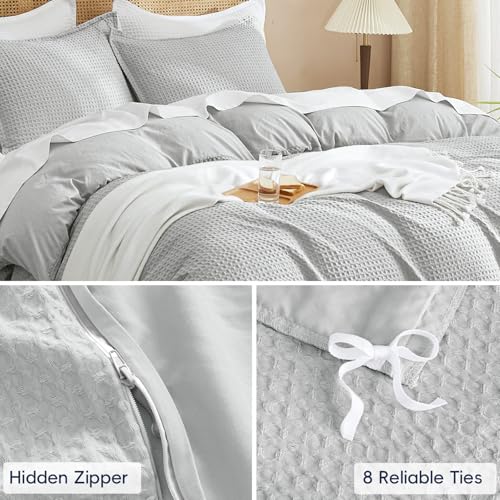Image of PHF Waffle Weave Duvet Cover Set King Size, No Snagging Ultra Soft Luxury Textured Breathable Comforter Cover for All Season 3pcs, Durable Bedding Duvet Set with 2 Pillow Shams, 104 inchx90 inch, Light Grey