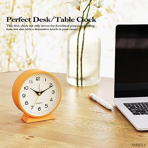 AYRELY® 4.5\" Analog Alarm Clock,Small Retro Desk Clock Battery Operated,Slient Metal Table Clock with Light for Living Room Decor,Bedroom,Bedside,Shelf (Orange)