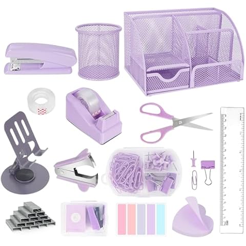 Desk Organizers and Accessories, Office Supplies 15PS Set with Stapler, Staple Remover, Pen Holder, Clips Set, Tape Dispenser, Tape, Phone Holder, 1000 Staples, Ruler, Scissors (Purple) Cover