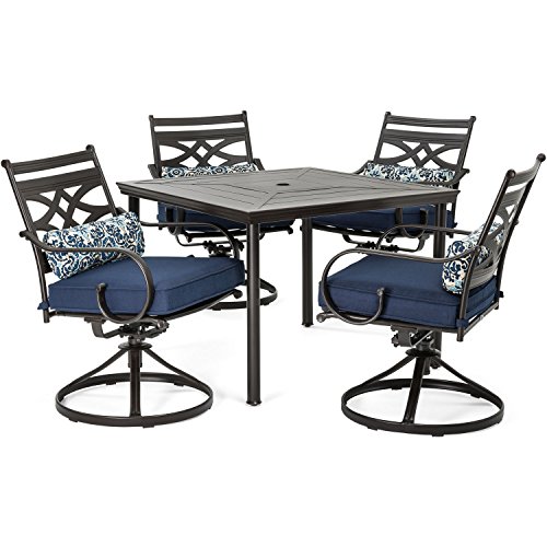 Hanover Montclair 5-Piece Outdoor Dining Set with Stamped Steel Square Dining Table and 4 Swivel Rocker Chairs with Cushions, Weather-Resistant Patio Dining Set for 4, Patio, Backyard, Deck